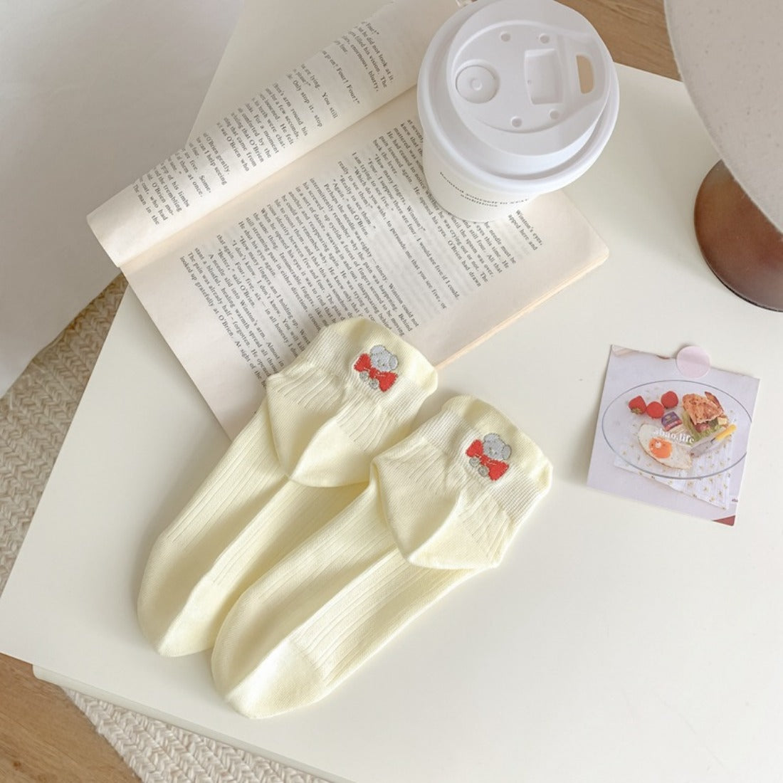 Rufia - Embroidered Bow Bear Low-Cut Socks