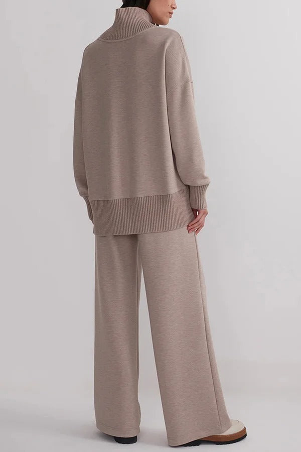Berner High-Neck Long Sleeve Side Zipper Sweatshirt and Elastic Waist Pocketed Loose Pants Set
