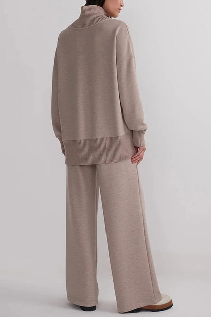Berner High-Neck Long Sleeve Side Zipper Sweatshirt and Elastic Waist Pocketed Loose Pants Set