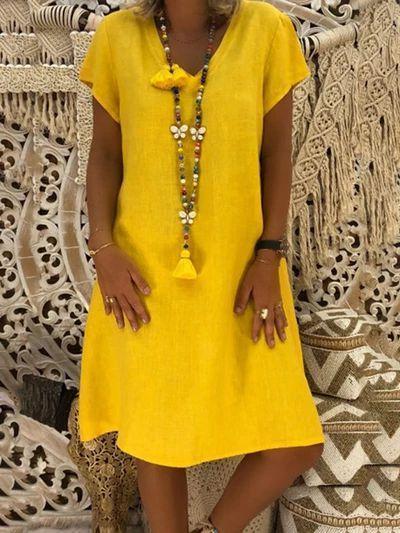 Short Sleeve Medium Skirt V-Neck Dress