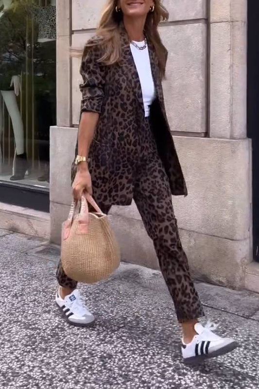 Retro wild leopard print suit cropped pants two-piece suit