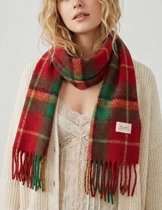 Vintage Plaid Color Block Warm Tassel Scarf