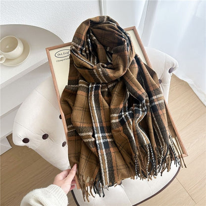 Color Block Plaid Fringe Scarf