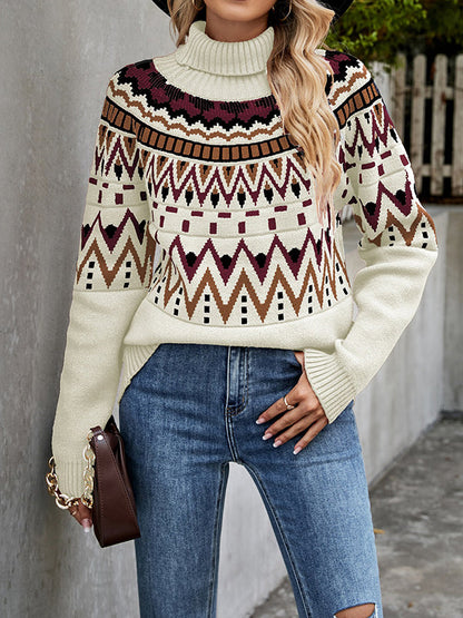 Long Sleeves Loose Contrast Color Split-Joint High Neck Sweater Tops