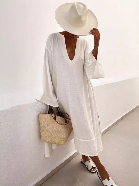Vacation Flared Sleeves Solid Color Deep V-Neck Midi Dresses