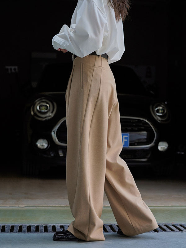 High Waisted Loose Pleated Solid Color Split-Joint Casual Pants Bottoms Trousers