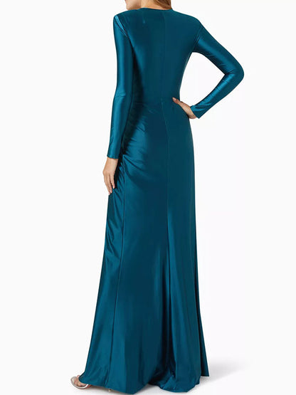 Bodycon Long Sleeves Pleated Solid Color Split-Front Tied Waist Deep V-Neck Maxi Dresses
