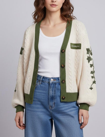 Casual Leaves Embroidery Balloon Sleeves Cardigan