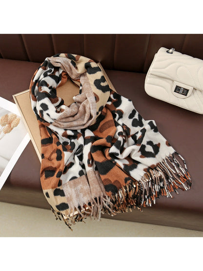 Sscarvii - Leopard Patchwork Tassel Winter Scarf