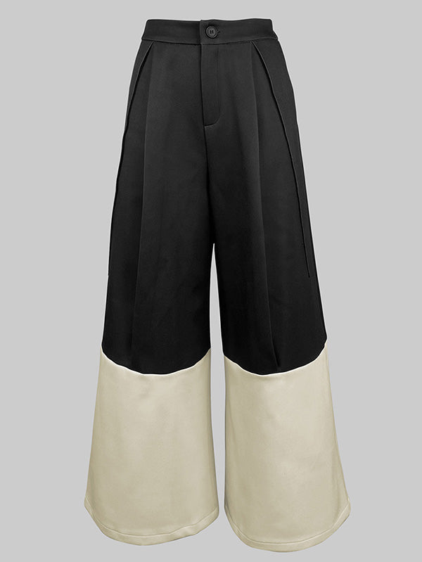 High Waisted Loose Contrast Pleated Pocket Pants Cotton Blend