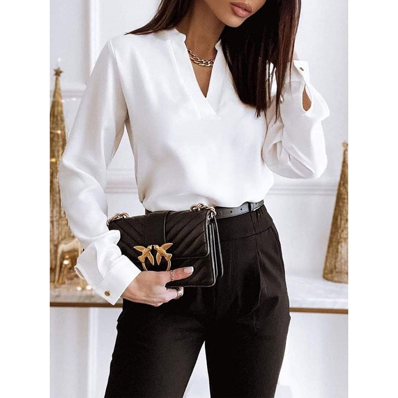 Long Sleeves Loose Solid Color V-Neck Blouses&Shirts Tops