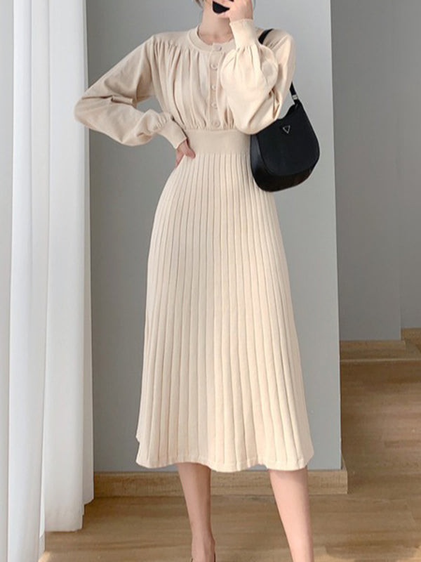Solid Color Pleated A-Line High Waisted Round-Neck Sweater Dresses
