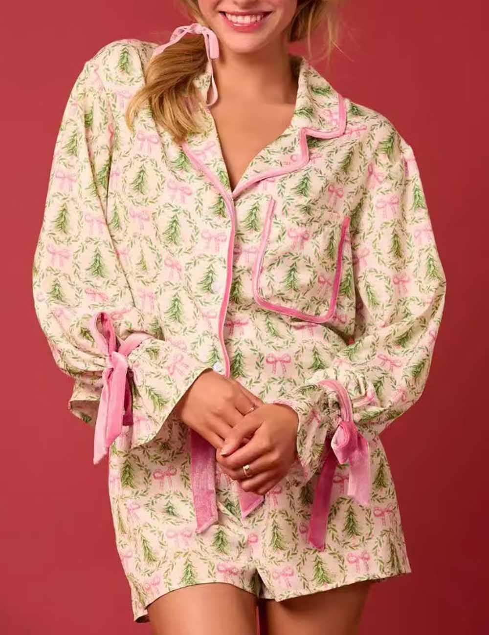 2-Pcs Bow Tie Long Sleeve Shorts Pajamas Sets