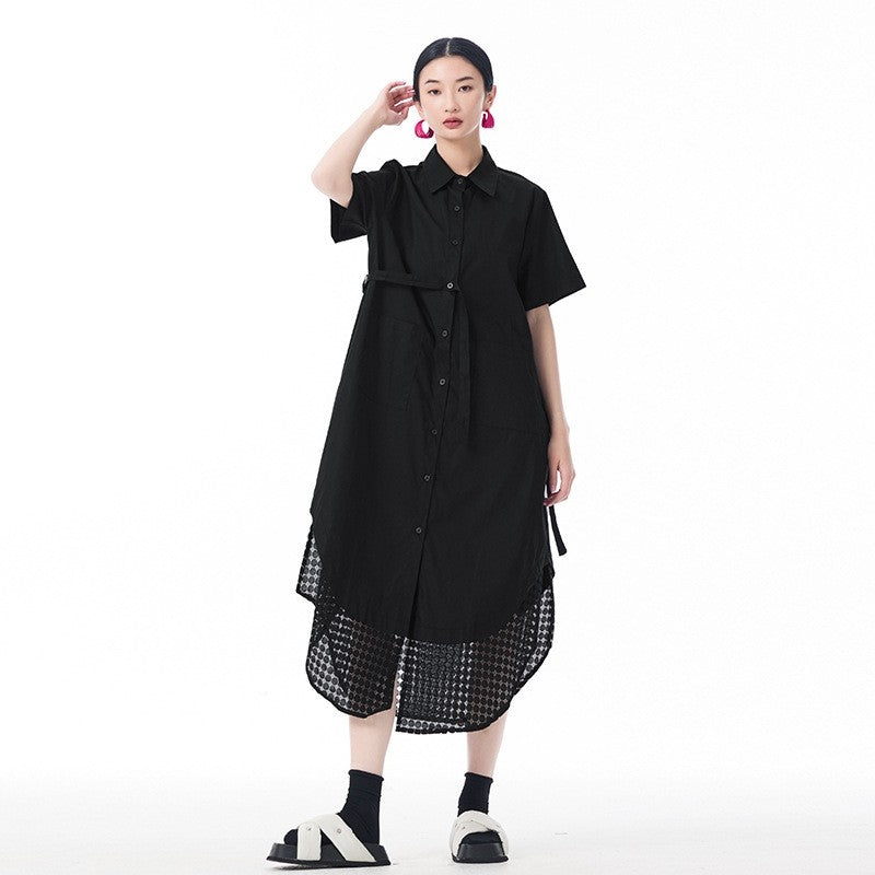 Mesh Panel Asymmetrical Collar Dress - Loose Fit, Trendy, Stylish Midi Dress With Unique Design