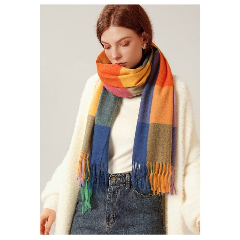 Imitated Cashmere Plaid Print Striped Tasseled Shawl Scarf