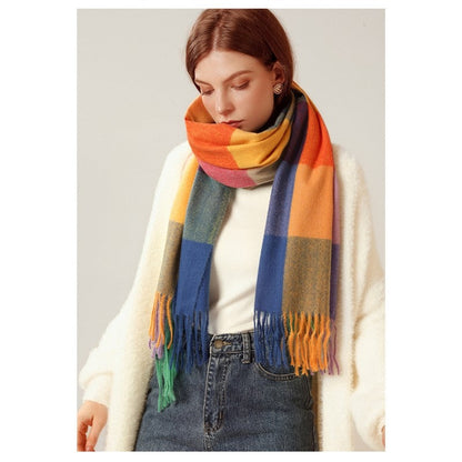 Imitated Cashmere Plaid Print Striped Tasseled Shawl Scarf