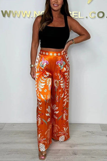 Satin Plant Print Elastic Waist Loose Wide Leg Pants