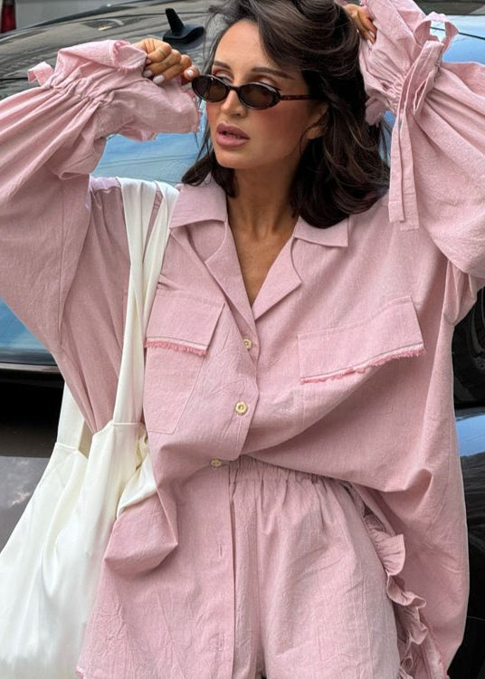 Cotton Ruffled Lounge Set With Oversized Shirt