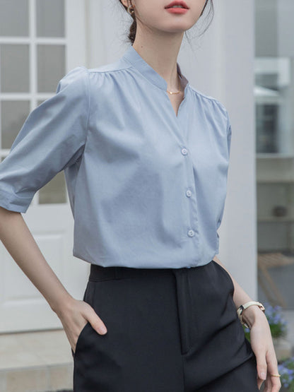 Half Sleeves Loose Buttoned Pleated Solid Color Split-Joint Stand Collar Blouses&Shirts Tops