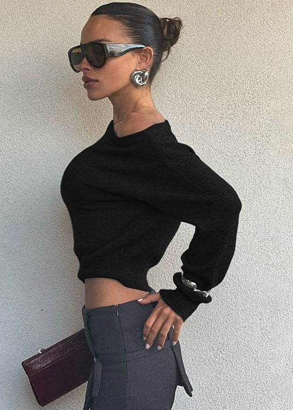 Off Shoulder Cropped Knit Sweater Soft Fabric