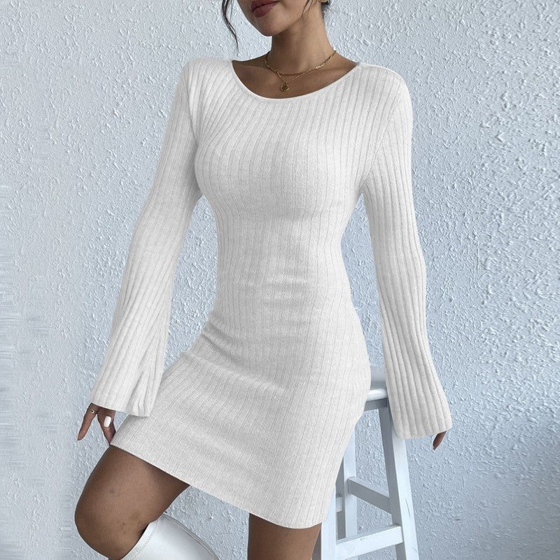 Sexy Backless Solid Color Flared Sleeve Fur Dress