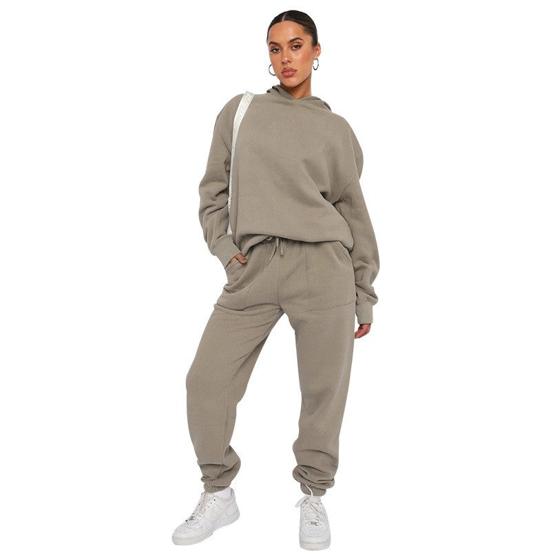 Solid Color Hooded Long Sleeve Sweatshirt Long Pants Set