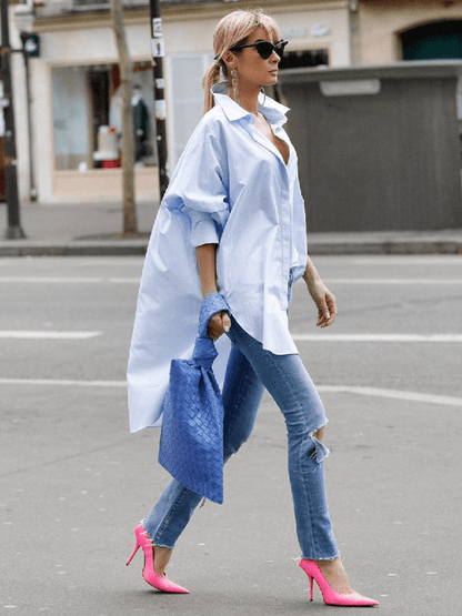 Urban Long Sleeves High-Low Solid Color Lapel Blouse Top