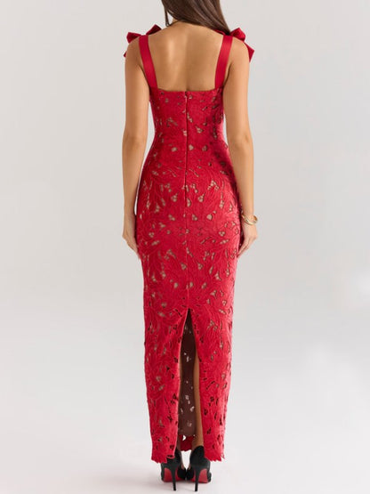 Bow Hollow Wrap Split Maxi Dress