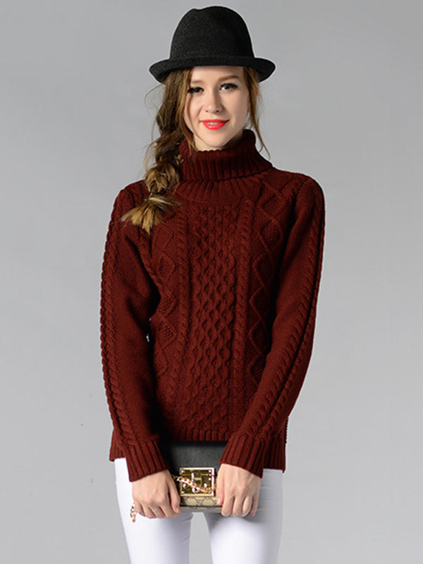 Casual 5 Colors Jacquard High-Neck Long Sleeves Sweater Top