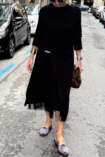 Jollie Knit Long Sleeve Front Slit Midi Sweater and Pleated Tulle Stretch Tank Midi Dress Two-piece Set