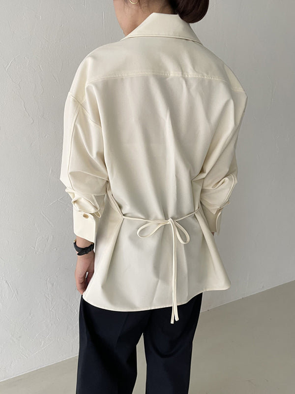 Long Sleeves Raglan Sleeve Pockets Split-Front Split-Joint Tied Zipper Lapel Blouses&Shirts Tops