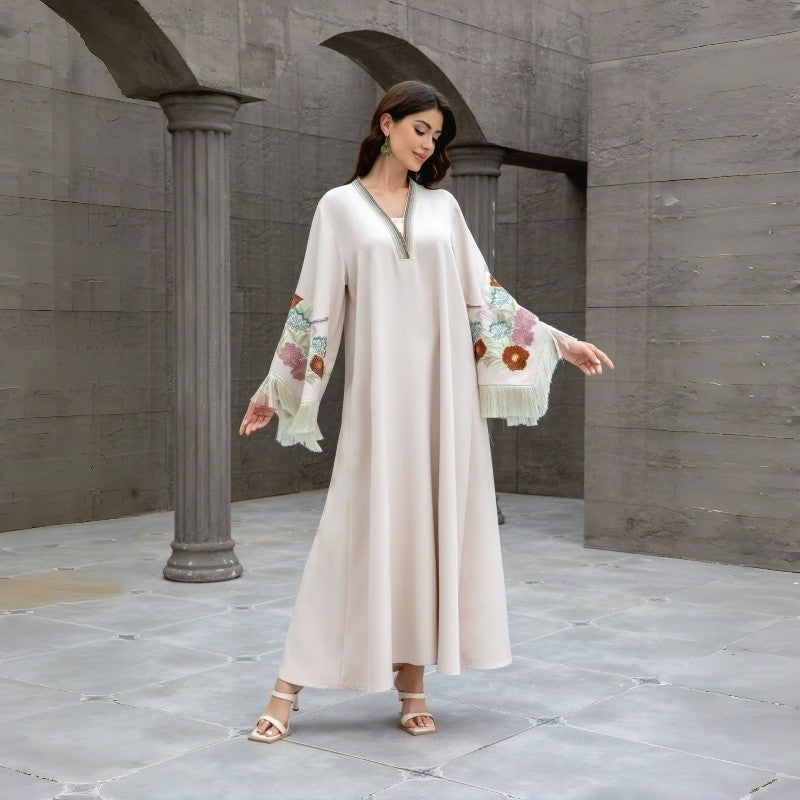 V Neck Embroidered Fringe Muslim Robe