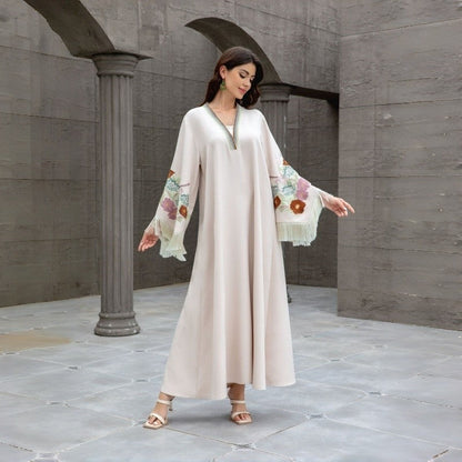 V Neck Embroidered Fringe Muslim Robe