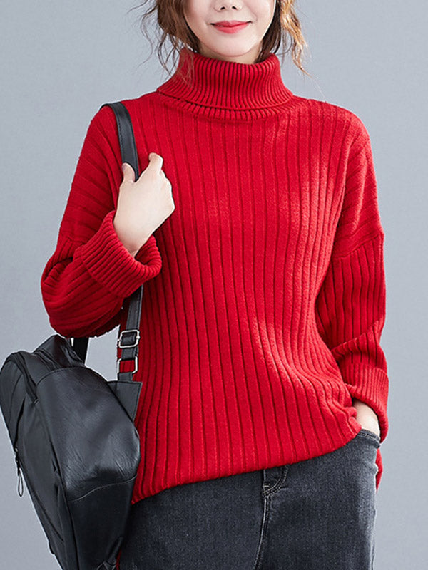 Simple Solid Color High-Neck Long Sleeves Sweater Top