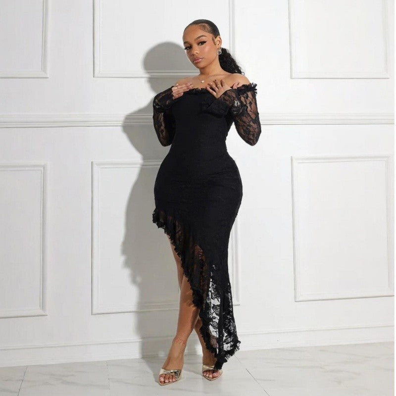 Lace Off Shoulder Asymmetrical Bustier Bodycon Dress