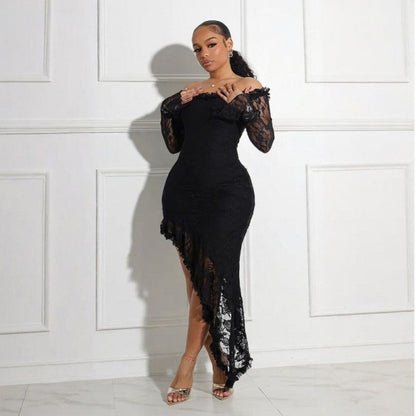 Lace Off Shoulder Asymmetrical Bustier Bodycon Dress