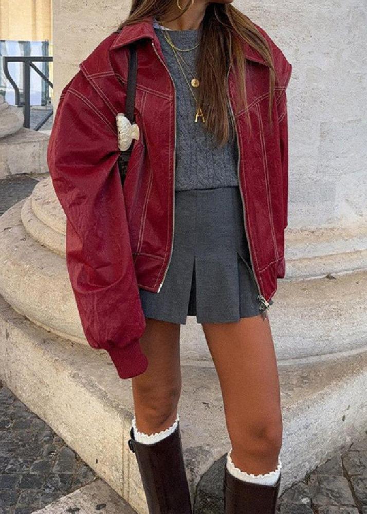 Oversized Zipper Jacket In Wine Red With White Stitching