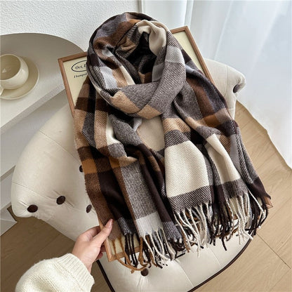 Color Block Plaid Fringe Scarf