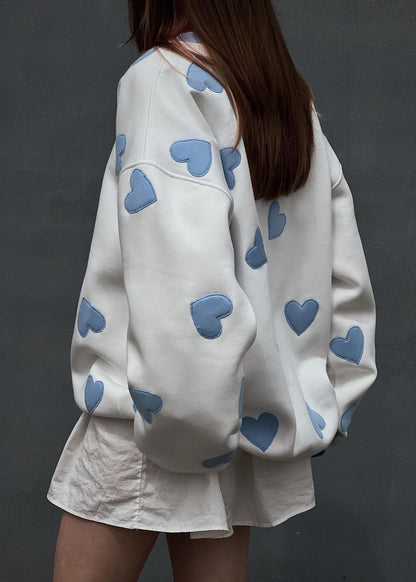 White Sweatshirt Soft Fabric Blue Heart Appliques