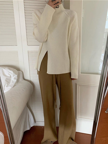Urban Long Sleeves Split-Side Solid Color High-Neck Sweater Tops Pullovers
