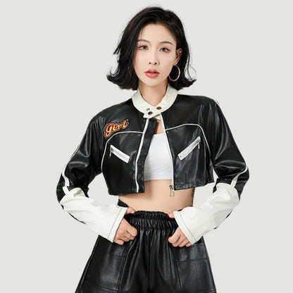 Short Color Block Motorcycle Jacket