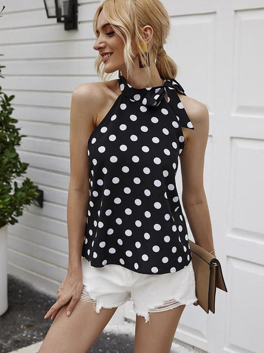Women Summer Elegant Tie Bow Casual Black Polka-Dot Tank Tops
