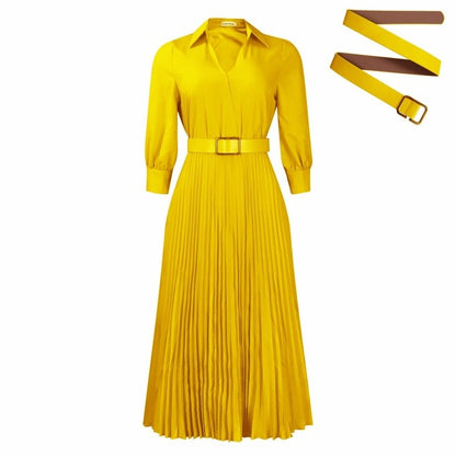 Solid Color Long Sleeve Pleated V-Neck Maxi Dress
