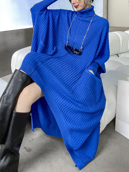 Batwing Sleeves High-Low Pockets Solid Color Split-Joint High-Neck Midi Dresses Sweater
