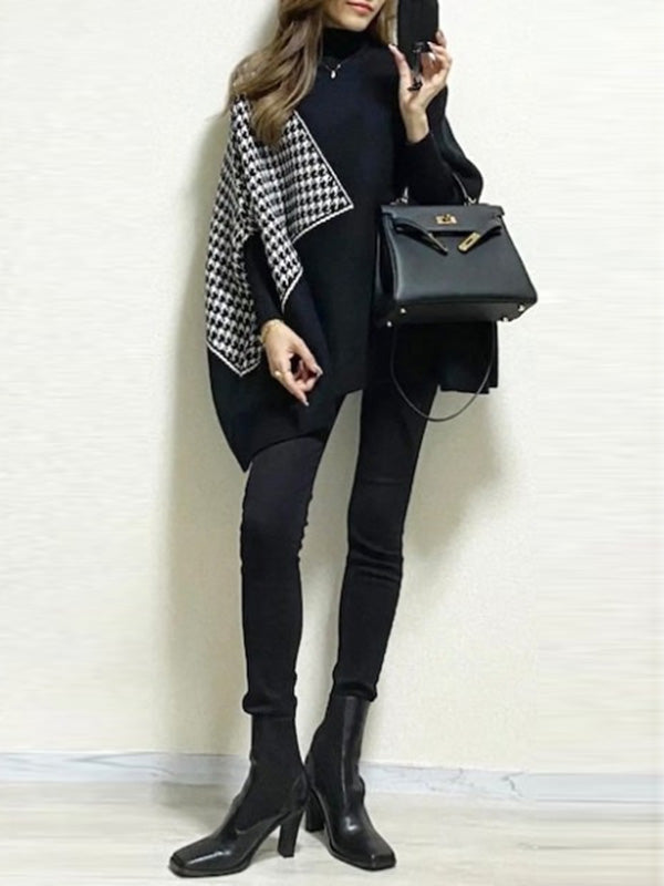 Original Loose Batwing Sleeves Contrast Color Plaid High-Neck Sweater Tops