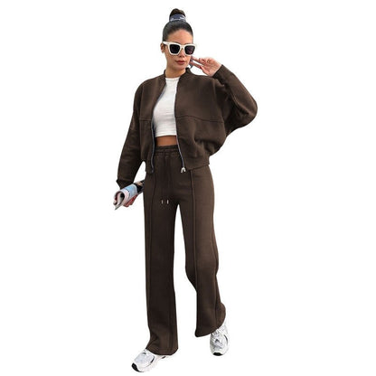 Solid Fleece Zip Hoodie Straight Leg Pants Set