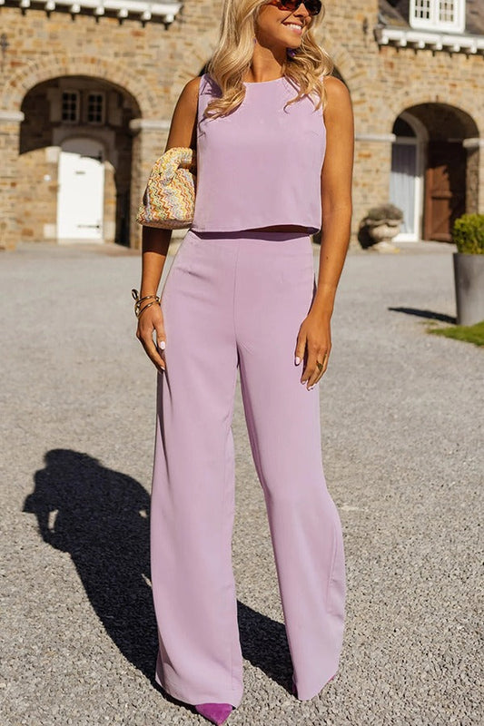 Modern and Elegant Solid Crop Tank and High Rise Flare Loose Pants Set