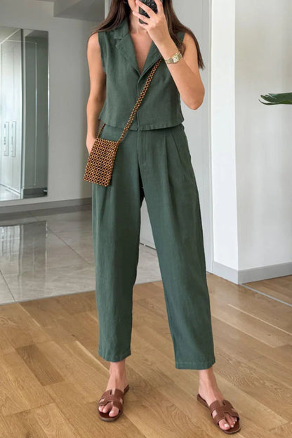Casual Solid Lapel Vest \u0026 Pants Cotton Linen Two-piece Set