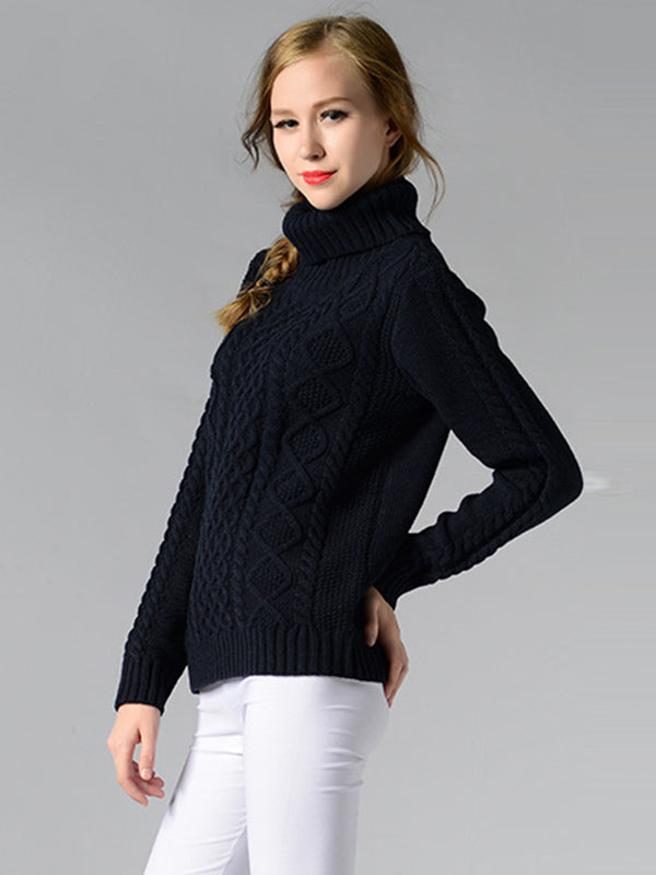 Casual 5 Colors Jacquard High-Neck Long Sleeves Sweater Top