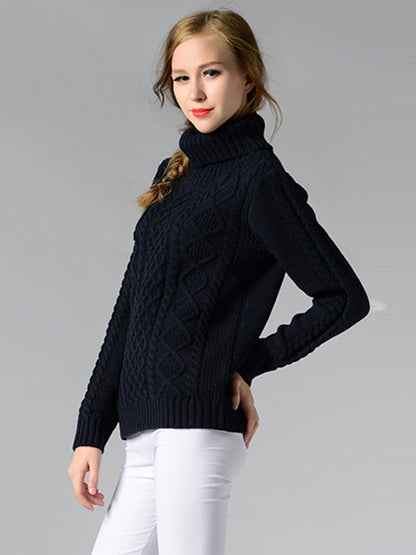 Casual 5 Colors Jacquard High-Neck Long Sleeves Sweater Top